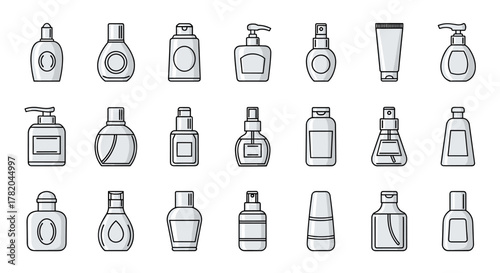 Collection of cosmetic bottles and containers, including spray bottles, pump dispensers, tubes, and vials, presented in a clean, modern vector illustration style with a white background, perfect for