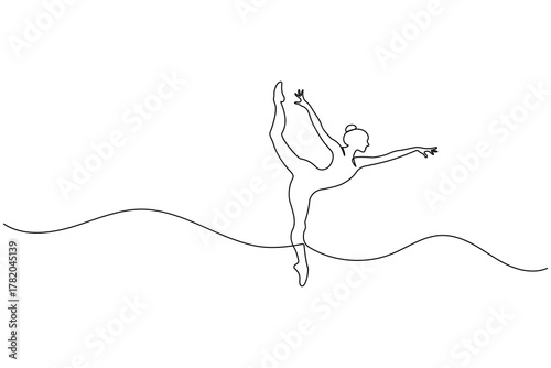 Ballet dancer performing graceful pose in one line minimalist drawing style