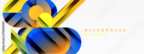 Abstract geometric shapes overlap. Vibrant colors create dynamic composition. Modern design suitable for backgrounds, presentations.