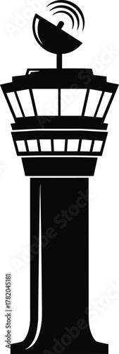 Black vector illustration of airport control tower with radar antenna, aviation communication structure design for air traffic control and transportation industry