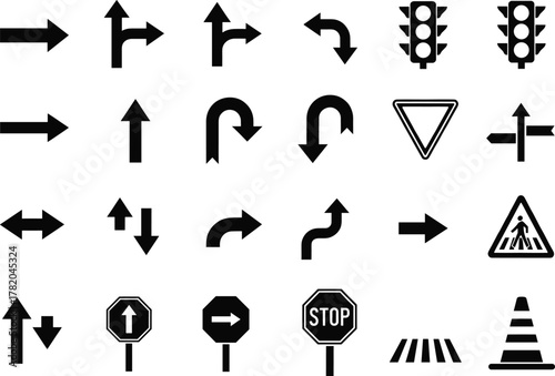 Black vector illustration set of traffic signs, road direction arrows, stop sign, pedestrian crossing, and traffic light icons for transport design