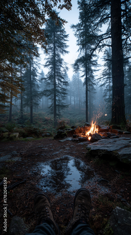 Fototapeta premium View of a person's legs and boots in front of a small campfire in the Harz National Park. Tall, dark trees surround the area and a layer of mist hangs in the air.