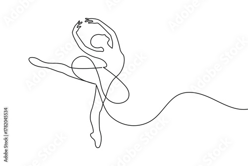Ballet dancer performing graceful pose in one line minimalist drawing style