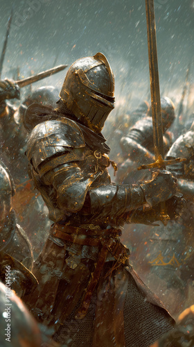 A knight in full armor stands with a sword, prepared for battle. Soldiers surround him amidst snowfall, weapons raised, suggesting a medieval war scene.