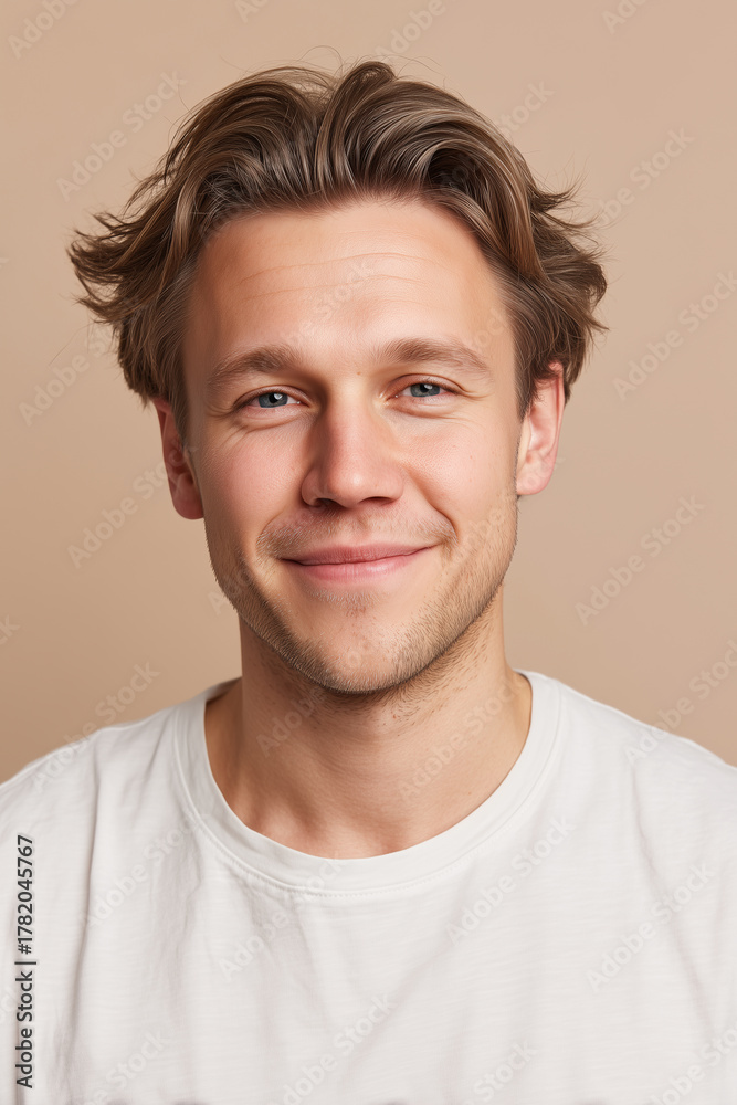 Fototapeta premium A young adult man smiles warmly at the camera. He has medium brown hair and blue eyes. He is wearing a plain white t-shirt. The background is a neutral color.