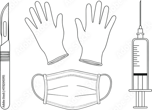 Black silhouette medical tools, scalpel, syringe, surgical mask, disposable gloves, healthcare equipment, hospital instruments, hygiene protection, surgery gear, clinical illustration, safety