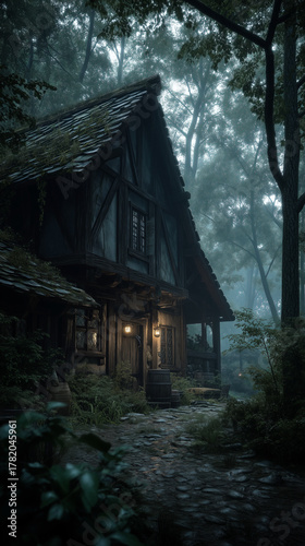 A quaint timber frame cabin sits in a wooded area. Light streams from the windows and illuminates the path on the misty forest floor. The structure looks aged and charming.