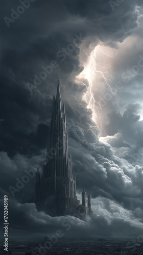 A tall, grey Gothic structure stands against a backdrop of dark, stormy clouds. A bright flash of lightning illuminates the sky behind the building, emphasizing its height.