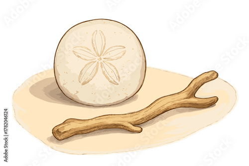 Detailed depiction of a sand dollar shell next to a piece of weathered driftwood on a pale wooden surface