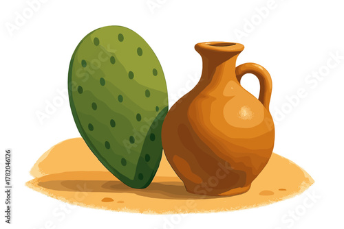 Traditional terracotta clay jug and green prickly pear cactus pad standing on desert sand