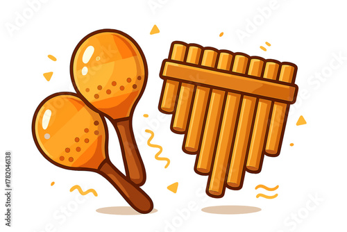 Stylized maracas and panpipes representing traditional folk music and cultural celebration