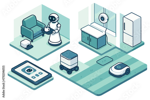 Smart home automation system with domestic service robots and connected devices performing household tasks