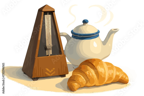 Classic wooden metronome next to a steaming white teapot and a golden baked croissant