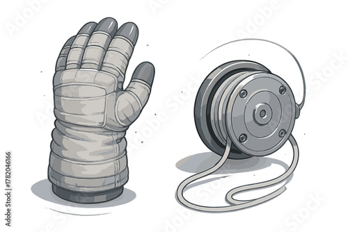 Detailed drawing of an astronaut glove and a metal reel component for space travel equipment