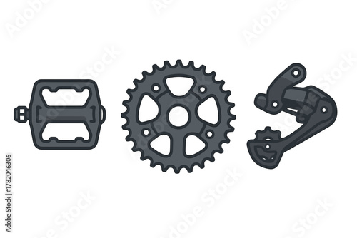 Set of essential bicycle components including flat pedal, chainring, sprocket, and rear derailleur