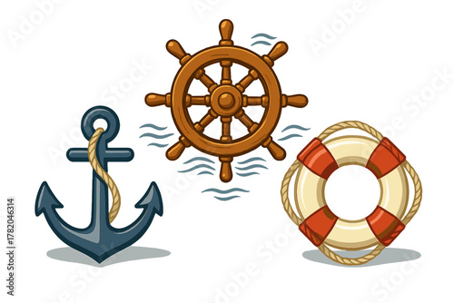Classic nautical symbols featuring a ship steering wheel, heavy anchor, and life preserver ring