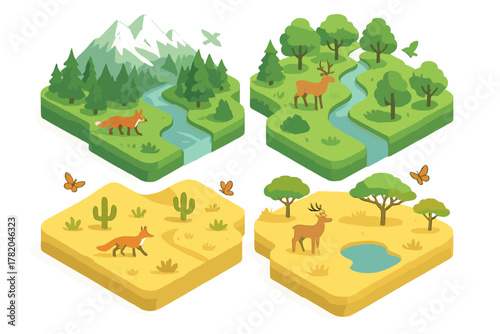 Four isometric nature landscapes showing different biomes with wildlife