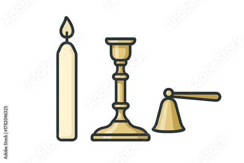 Classic burning taper candle, ornate brass candlestick, and vintage golden service bell set