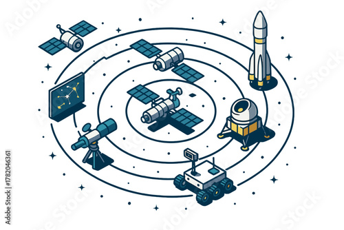 Isometric view of space exploration technology: satellites, rocket, lander, rover, and telescope
