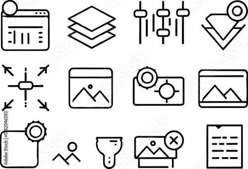 Black silhouette vector icons, user interface symbols, settings gear, image editing tools, sliders, layers, alignment, gallery, design elements, configuration