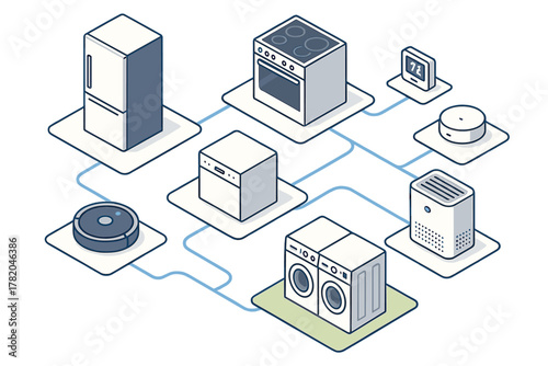 Isometric diagram of smart home appliances connected in a modern technology network