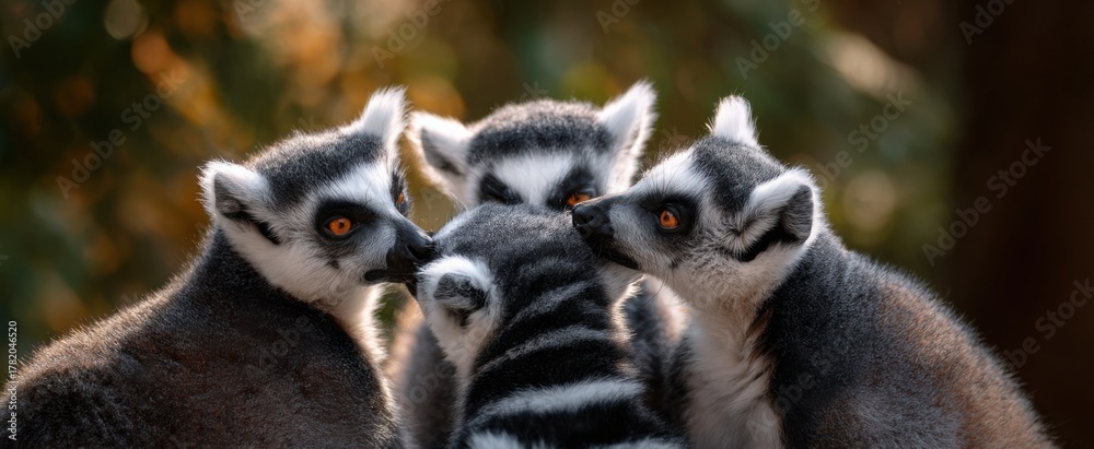 Obraz premium The group of lemurs participates in mutual grooming activities.