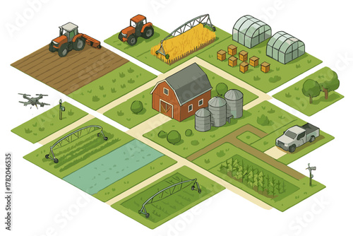 Isometric view of a modern agricultural farm layout with barn, silos, tractors, greenhouses, and drone technology
