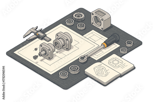 Isometric view of mechanical parts assembly with engineering tools and technical drawings on a workbench