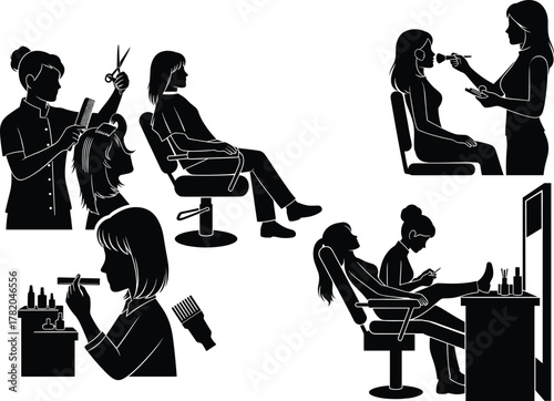 Professional beauty salon vector illustration showing hairstylist cutting hair, makeup artist applying cosmetics, and beautician giving manicure pedicure, self-care and wellness concept