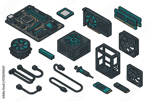 Isometric set of personal computer hardware components for building a gaming PC setup