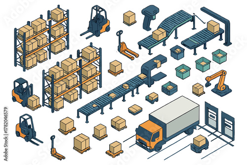 Isometric set of warehouse logistics elements including forklifts, conveyor belts, and storage racks