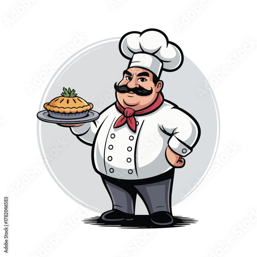Cartoon chef with mustache holding a pie on a plate cook cooking