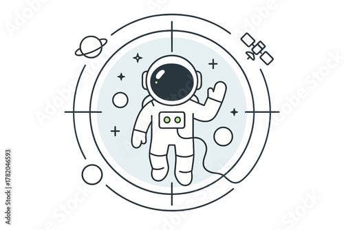 Astronaut in spacesuit waving hand centered in a circular target scope with planet and communication satellite