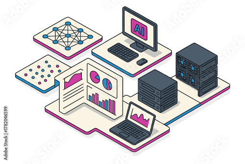Artificial intelligence concept with neural network, data analysis charts, computer monitor, and server racks