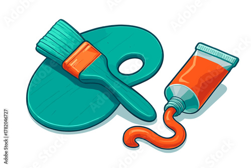 Teal artist palette with paintbrush and tube of bright orange paint squeezing color onto white background