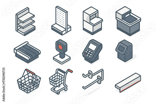 Isometric set of essential equipment for supermarket and retail store operations, including shelves, checkout counter, and shopping cart