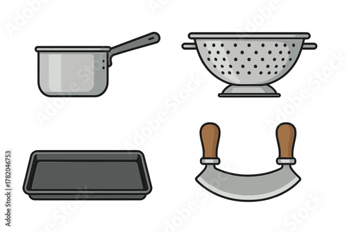 Collection of essential kitchen tools including saucepan, colander, baking tray, and mezzaluna knife