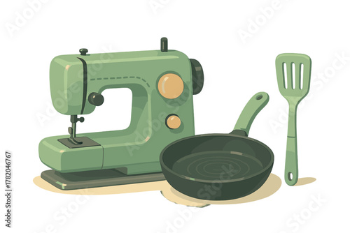 Retro sewing machine, frying pan, and kitchen spatula in a sage green color palette