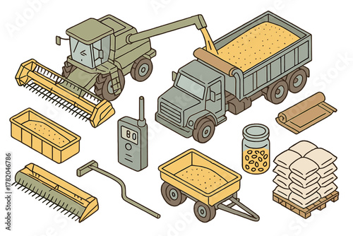 Isometric collection of agricultural machinery, combine, dump truck, grain, seeds, and harvested goods