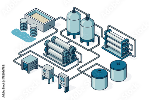 Complex industrial water treatment and filtration system with isometric view