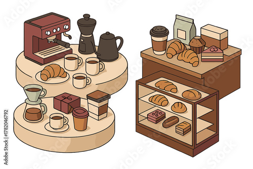 Isometric coffee shop counter with brewing equipment, hot drinks, fresh croissants, and bakery display