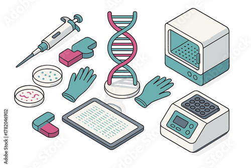 Isometric collection of biotechnology and genetic research tools and equipment