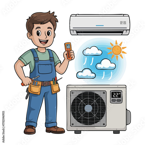 Cartoon H V A C technician holding remote near air conditioner and weather icons male