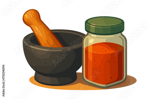 Dark stone mortar and pestle with a glass jar of red chili powder for cooking spices