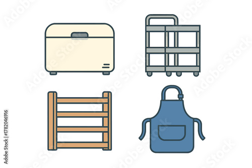 Essential kitchen and home accessories set: bread maker, utility cart, wooden rack, and apron
