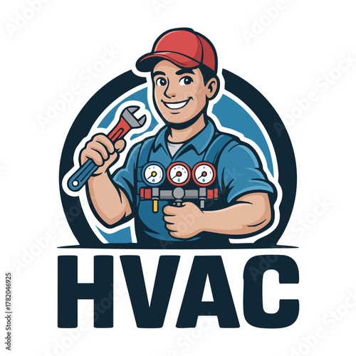 Cartoon H V A C technician holding wrench and gauges with H V A C text HVAC technician
