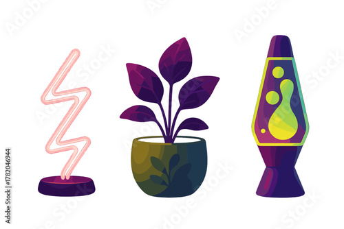Vibrant retro and modern objects set featuring neon lightning sign, potted plant, and lava lamp