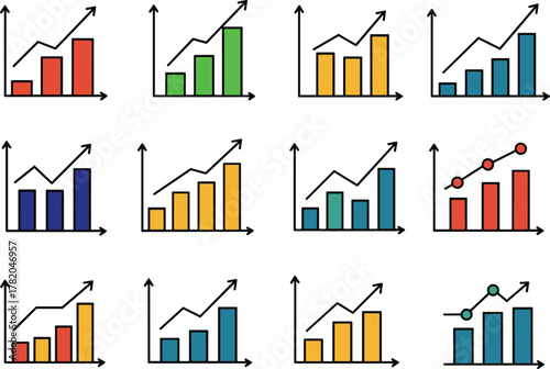 Business analytics charts, bar graph, line trend, growth statistics, colorful data visualization, financial performance, marketing metrics, economic report vector illustration