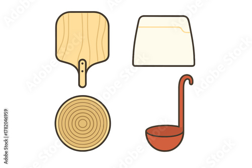 Wooden kitchen tools set with pizza peel, cutting board, and soup ladle