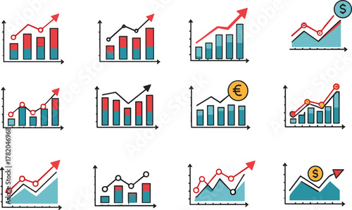 Financial charts, bar and line graphs, dollar euro currency symbols, economic trends, business analytics, market data, investment performance vector illustration